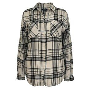 Universal Thread Plaid Button Down Shirt - Cream and Black Unisex Size